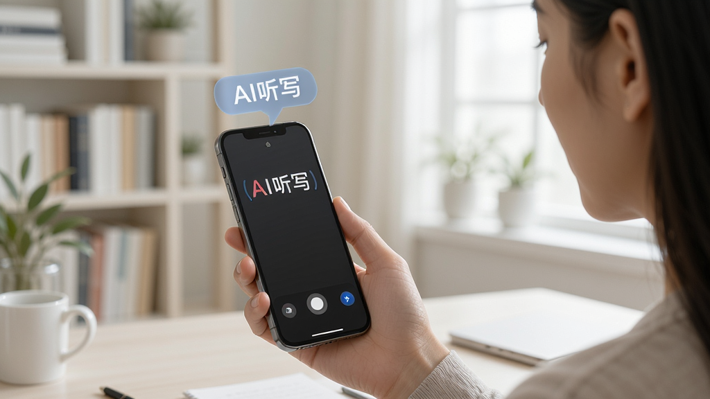 一个人对着手机说话,手机屏幕实时显示文字转换结果,画面中有“AI听写”字样漂浮在屏幕上方,背景是明亮的书房环境,整体风格写实,画质干净清晰