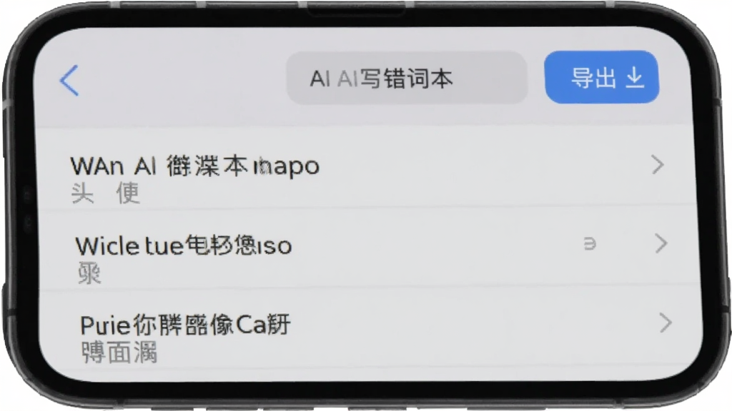 手机屏幕展示AI听写的错词本页面,列表中排列着多个英文单词和对应的中文释义,页面顶部有“导出”按钮,界面风格简约商务,浅灰色背景,画质清晰,无杂乱元素