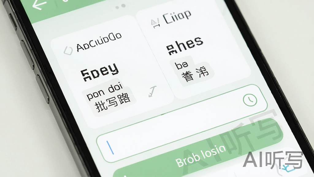 手机屏幕显示AI听写的中英文听写练习界面,屏幕上有英文单词和中文释义,下方有输入框和批改结果,界面以白色和淡绿色为主色调,风格清新,画质清晰,带有“AI听写”文字水印