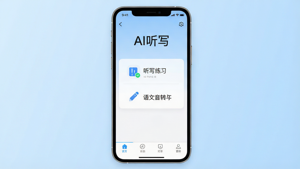 一张展示AI听写软件主界面的图片,画面中央是手机屏幕,屏幕内显示AI听写应用首页,顶部有“AI听写”文字标识,中部是听写练习与语音转文字功能入口,底部是导航栏,背景为干净的浅蓝色渐变,风格简洁现代,画质清晰,无多余元素