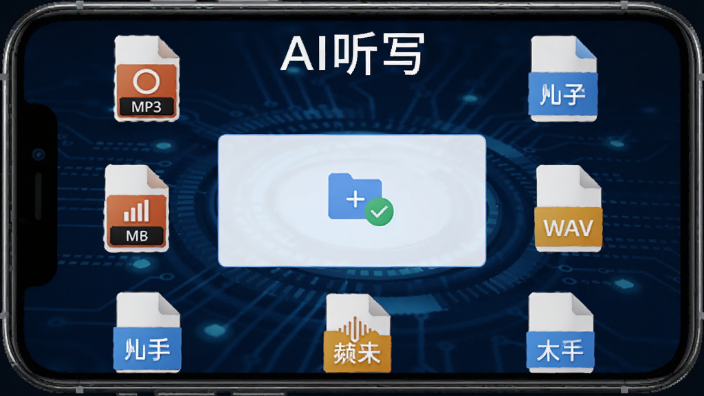 手机屏幕显示AI听写的音频导入界面,屏幕中央有一个文件选择框,周围环绕着MP3、WAV等格式图标,背景为深蓝色科技感风格,画质清晰,画面中有“AI听写”文字