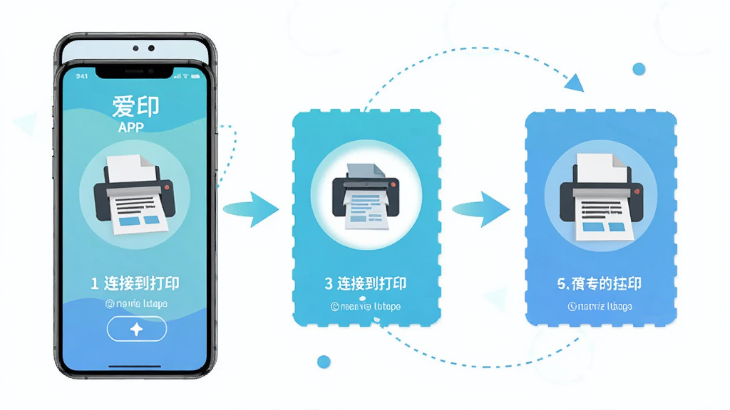 爱印APP使用教程示意图,手机屏幕显示从连接到打印的完整步骤流程图,每一步都有图标标注,风格为信息图表式,配色明快,布局清晰,画质干净
