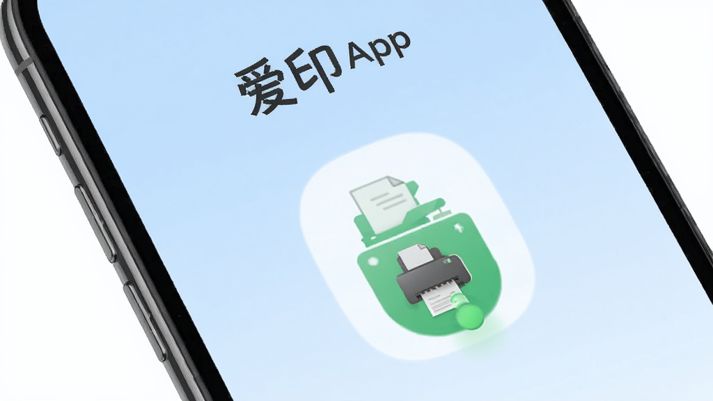 爱印APP主界面展示,手机屏幕中央显示爱印软件名称和打印机连接状态图标,背景为浅蓝色渐变,整体风格简洁现代,画质清晰干净,无多余元素