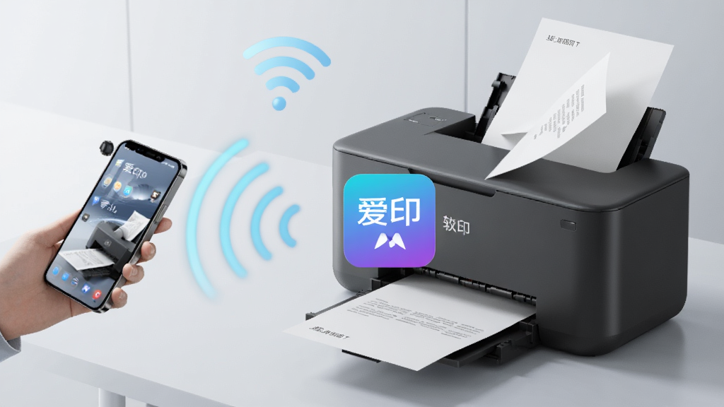 爱印无线打印功能示意图,展示手机通过Wi-Fi信号直接连接打印机,画面中有信号波纹和打印纸张飞出,爱印软件图标位于中心,风格科技感强,画质精细,背景简洁