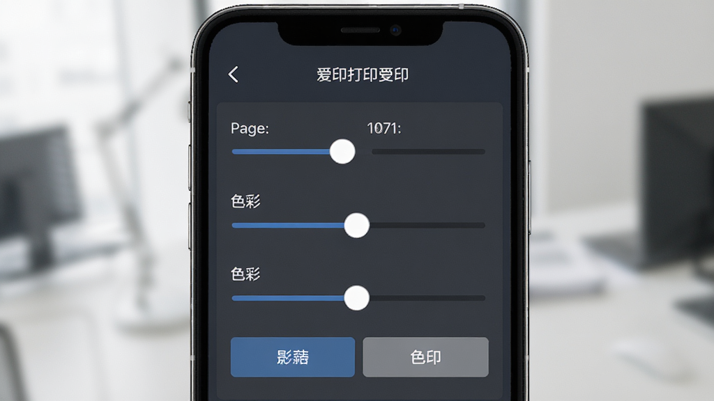 爱印打印设置面板界面,手机屏幕显示纸张大小、份数、色彩等选项滑块和按钮,界面风格简约商务,配色沉稳,画质清晰,排版整齐