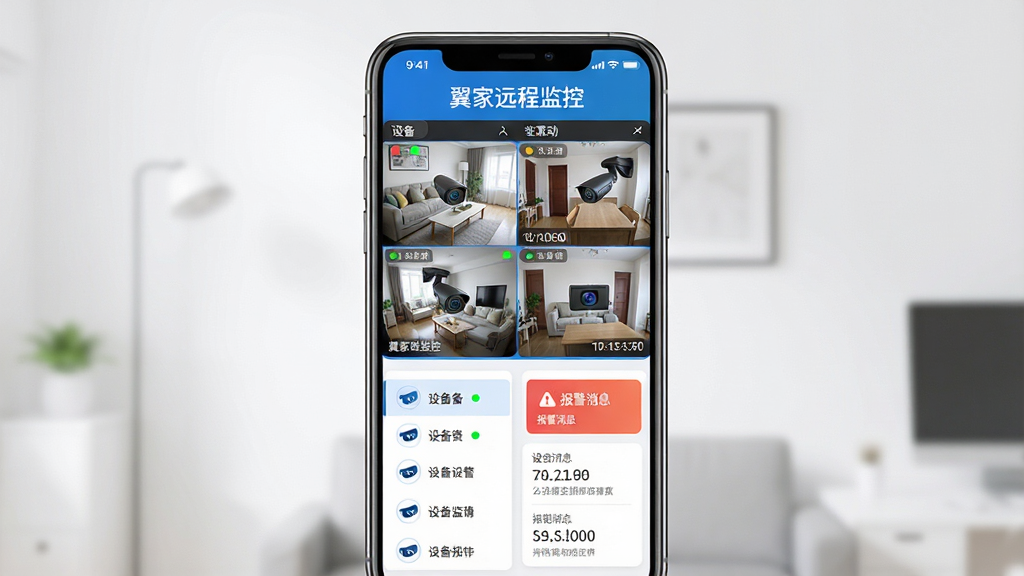 翼家远程监控软件主界面展示,画面中央是一台智能手机竖屏显示多路摄像头实时画面,上方有软件名称“翼家远程监控”字样,下方排列着设备列表与报警消息卡片,整体布局清晰,风格为现代简约科技风,细节包括摄像头图标、在线状态圆点、时间戳,画质高清,干净无多余元素