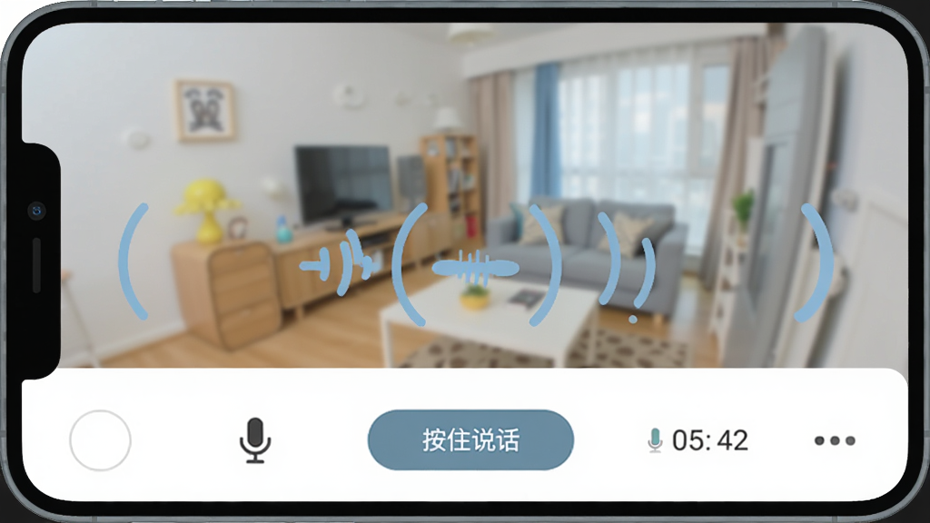 翼家远程监控语音对讲界面,手机屏幕显示监控画面,画面下方有麦克风图标与“按住说话”按钮,整体布局为上方视频下方操作区,风格为扁平化设计,细节包括声波动画、通话时长计时器,画质清晰,干净无多余元素