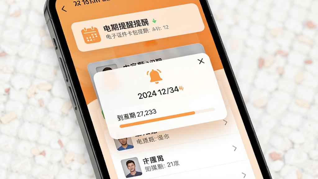电子证件卡包到期提醒功能界面,主体为手机屏幕中显示日历提醒弹窗与证件卡片,布局为上下结构上方为提醒通知横幅下方为证件列表,排版清晰,风格为温暖橙色系设计,细节包含日历图标、铃铛图标、到期日期文字、进度条,画质高清干净无多余元素