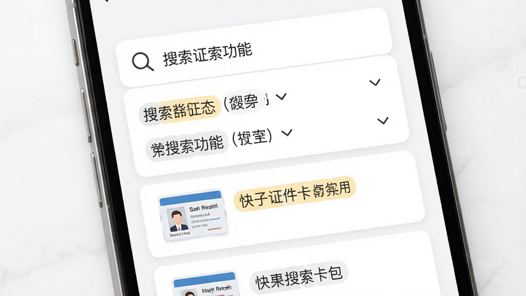 电子证件卡包快速搜索功能展示,主体为手机屏幕中显示搜索框与下拉联想词列表,布局为上下结构上方搜索框下方搜索结果卡片,排版简洁,风格为清爽白色系设计,细节包含放大镜图标、关键词高亮、证件缩略图,画质高清干净无多余元素