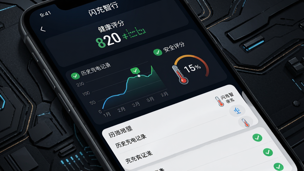手机屏幕显示闪充智行电池健康报告页面,包含折线图与安全评分,背景为简洁的深色科技纹理,布局上下结构,上方为健康评分,下方为历史充电记录列表,风格为数据可视化仪表盘,细节包含绿色对勾图标与温度计符号,画质清晰、干净、无多余元素,图片中文字标注“闪充智行”