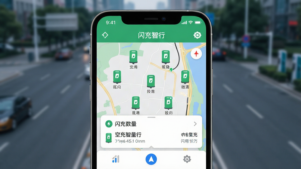 手机屏幕特写,画面中央展示闪充智行App地图界面,地图上散布多个绿色充电桩图标,底部弹出站点详情卡片,显示空闲数量与价格,背景为虚化的城市道路,布局居中对称,风格为扁平化UI设计,细节包含状态栏电量、信号图标与导航按钮,画质清晰、干净、无多余元素,图片中文字标注“闪充智行”