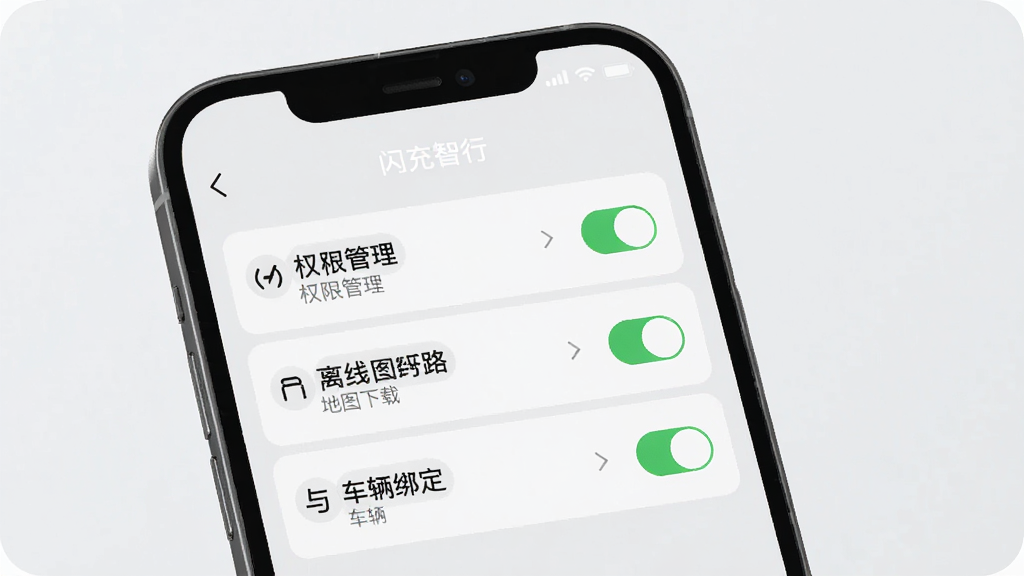 手机屏幕展示闪充智行App的设置页面,包含权限管理、离线地图下载与车辆绑定选项,背景为浅灰色极简风格,布局为纵向列表,细节包含开关按钮与箭头图标,画质清晰、干净、无多余元素,图片中文字标注“闪充智行”