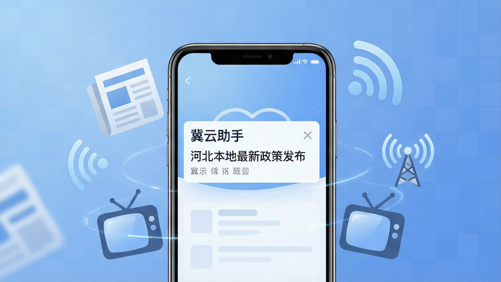 一幅描绘“冀云助手”新闻推送场景的AI生图。画面中心是一部手机,屏幕亮起显示“冀云助手”的推送通知界面,通知内容为“河北本地最新政策发布”。手机周围环绕着抽象的报纸、电视和广播信号图标,代表多媒体融合。背景为柔和的渐变蓝色,带有细微的网格纹理,体现科技感与秩序感。整体风格商务简洁,主体突出,画质清晰,干净无杂乱元素。