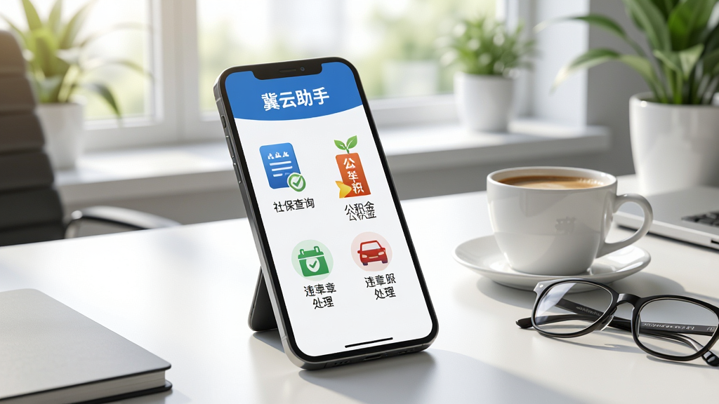 一幅展示“冀云助手”政务办事功能的AI生图。画面主体是一部手机,屏幕显示“冀云助手”的政务民生服务板块,清晰列出“社保查询”、“公积金”、“违章处理”等图标按钮。手机放置在一张干净的办公桌上,旁边有一杯咖啡和一副眼镜。背景是明亮的窗户和绿植,营造出轻松便捷的办公氛围。风格写实,细节丰富,画质高清。