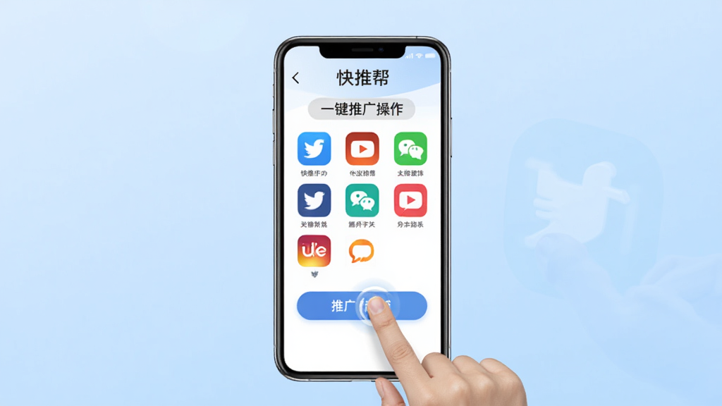 快推帮一键推广功能展示图,画面中央展示一部手机屏幕,屏幕上显示快推帮应用的一键推广操作界面,有多个社交平台图标排列整齐,用户手指正在点击推广按钮,背景为浅蓝色渐变,风格简洁商务,画质清晰,干净无多余元素