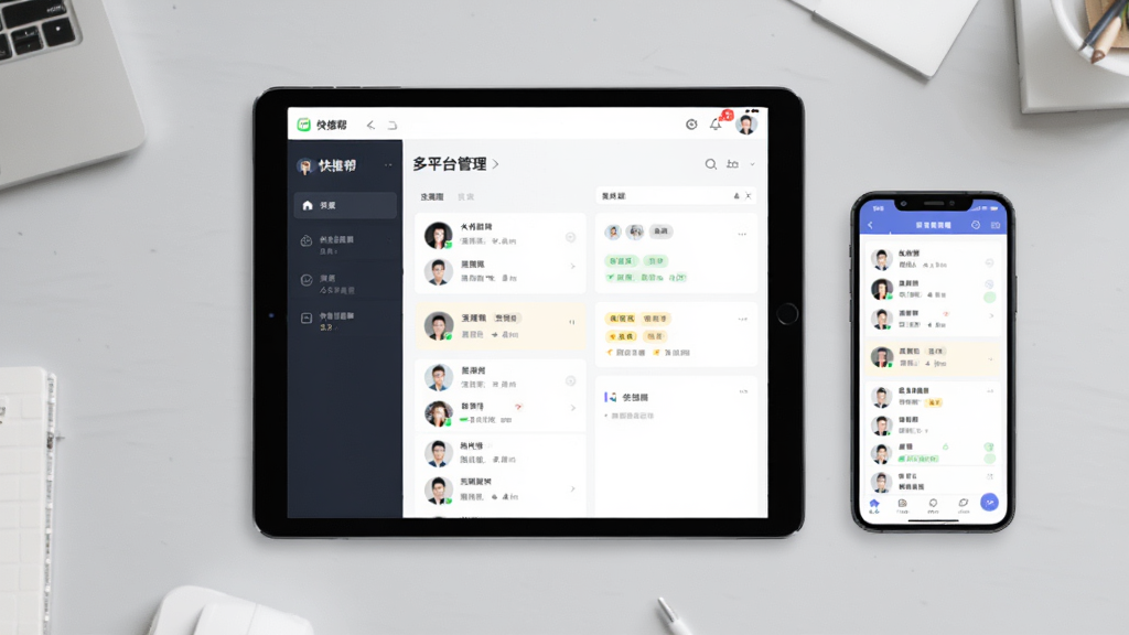 快推帮多平台管理界面展示图,画面中央展示一部平板电脑和一部手机并排摆放,屏幕上显示快推帮应用的多平台管理页面,有多个账号头像和任务状态标签,背景为浅灰色办公桌面,风格简约商务,画质清晰,干净无多余元素