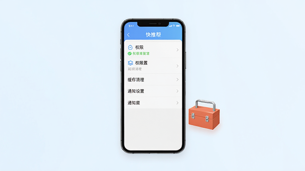 快推帮移动端操作界面展示图,画面中央展示一部手机,屏幕上显示快推帮应用的设置页面,有权限管理、缓存清理、通知设置等选项列表,手机旁边有一个小工具箱图标,背景为浅色渐变,风格清新简约,画质清晰,干净无多余元素