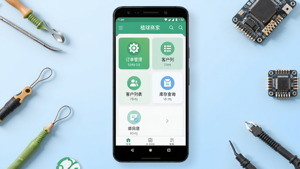 植球商家端软件主界面展示图,画面中央放置一部安卓手机,手机屏幕显示植球商家端应用首页,包含订单管理、客户列表、库存查询等模块图标,背景为简洁的浅蓝色渐变,周围点缀植球工具和电子元件的小图标元素,整体风格干净清爽,布局居中对称,画质高清,无多余元素
