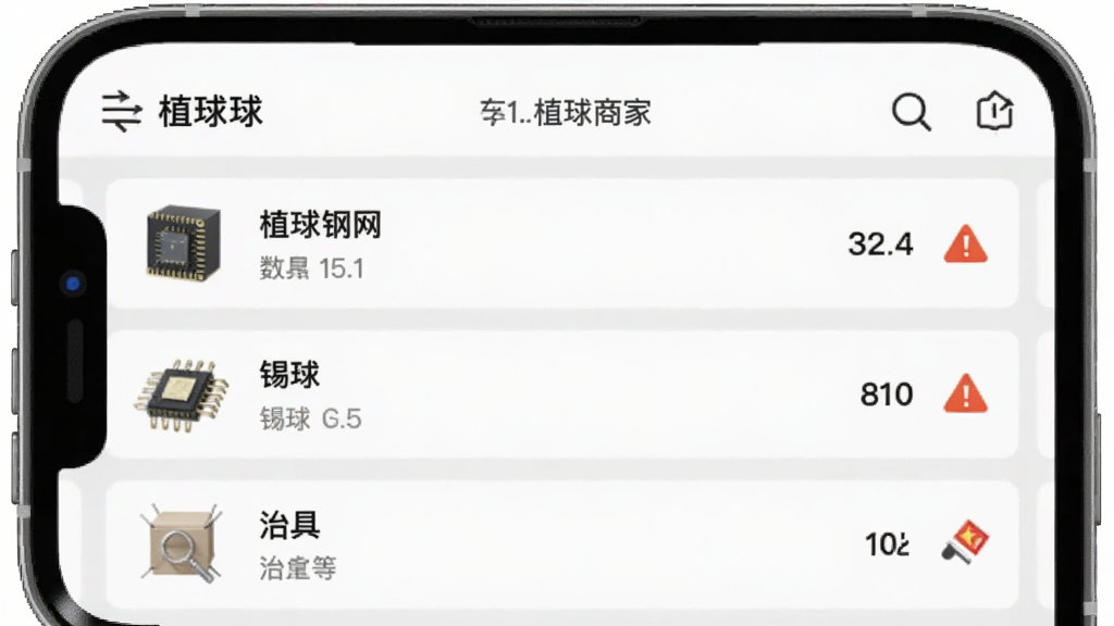 植球商家端库存管理功能界面图,画面展示手机屏幕中植球商家端的库存列表页面,包含植球钢网、锡球、治具等商品条目和数量显示,旁边配有放大镜和预警图标,背景为浅灰色调,风格简约商务,排版整齐,画质清晰,干净无多余元素