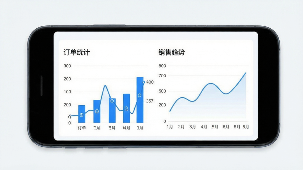 植球商家端数据统计页面展示图,手机屏幕显示柱状图和折线图,图表标题为订单统计和销售趋势,页面配色以蓝色和白色为主,背景干净整洁,画质高清,风格现代简约,无多余装饰元素
