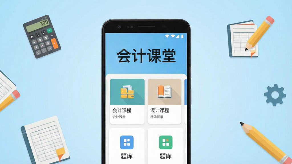 一张展示会计课堂手机应用主界面的预览图,画面中央放置一部竖屏安卓手机,手机屏幕内显示会计课堂APP首页,页面顶部有“会计课堂”四个大字,下方排列课程卡片和题库入口图标,背景为浅蓝色渐变,周围点缀计算器、账本、铅笔等扁平化小图标,整体风格简洁清新,布局居中对称,画质清晰干净,无多余元素