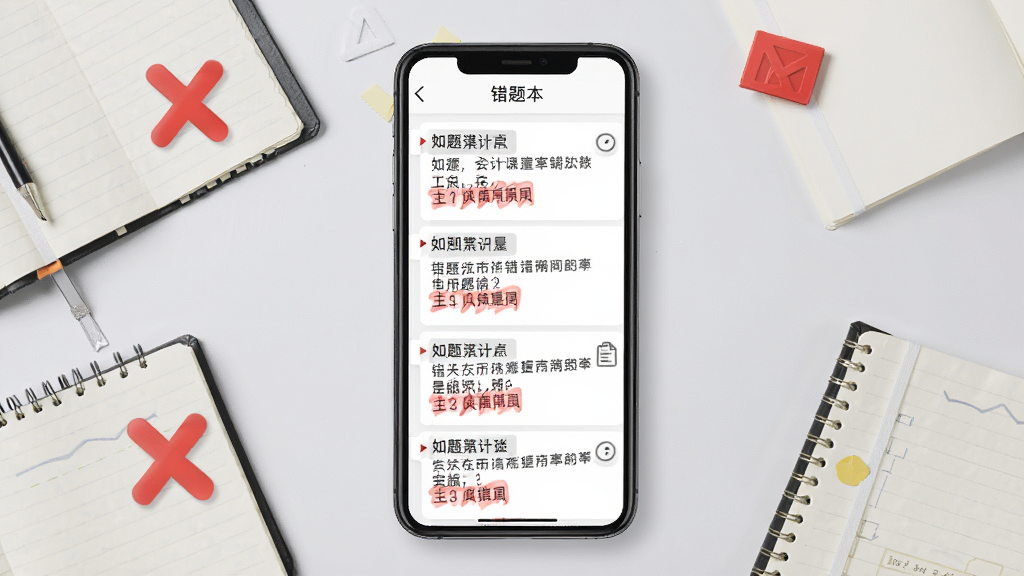 一张展示会计课堂错题本功能的预览图,画面中央为一部手机,屏幕内显示错题列表,每道错题旁有红色标记和知识点标签,手机周围散落着笔记本和红色叉号图标,背景为浅灰色,风格简洁商务,画质清晰干净,无多余元素