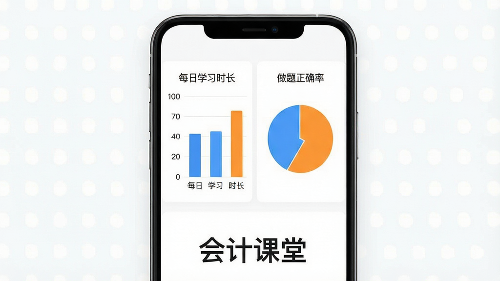 一张展示会计课堂学习进度统计页面的预览图,画面中央为一部手机,屏幕内显示柱状图和饼图,分别表示每日学习时长和做题正确率,图表颜色为蓝色和橙色,手机下方有“会计课堂”字样,背景为白色,风格清新浅色,布局简洁,画质清晰干净,无多余元素