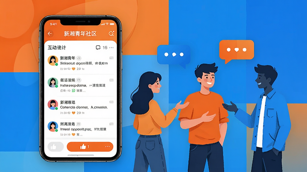 一张展现新湘青年APP互动社区界面的图片,画面中手机屏幕显示着用户评论列表和点赞按钮,旁边有抽象的人物剪影代表青年群体正在交流,背景是明亮的橙色与蓝色块拼接,风格活泼现代,排版清晰,画质高清,干净无多余元素。