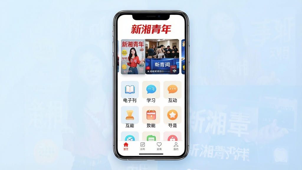 一张展示新湘青年手机应用主界面的详细图片,画面中央是一部竖屏智能手机,手机屏幕内显示着新湘青年APP的首页,顶部有醒目的