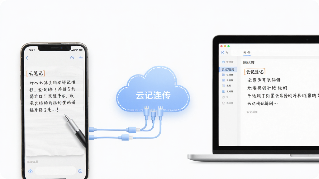 一张展示云笔记同步功能的示意图,左侧是手机屏幕显示正在输入文字笔记,右侧是笔记本电脑屏幕同步显示相同内容,中间用一朵由数据线构成的云朵连接,风格为现代简约商务风,色彩柔和,背景为干净的白色,画质细腻,图中笔记本屏幕上显示“云记连传”字样。