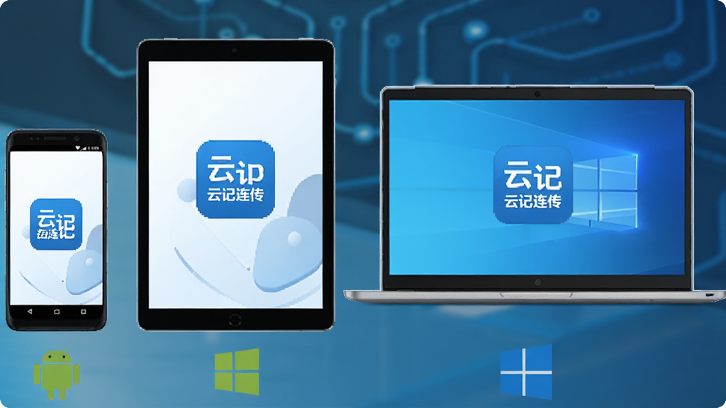 一张展示多设备兼容性的图片,画面中从左到右依次排列着安卓手机、安卓平板、Windows笔记本电脑,三款设备屏幕均亮起并显示云记连传的Logo,设备下方有简洁的图标代表安卓和Windows系统,整体风格为科技蓝调,布局整齐,画质高清,干净无杂物,图中包含“云记连传”文字。