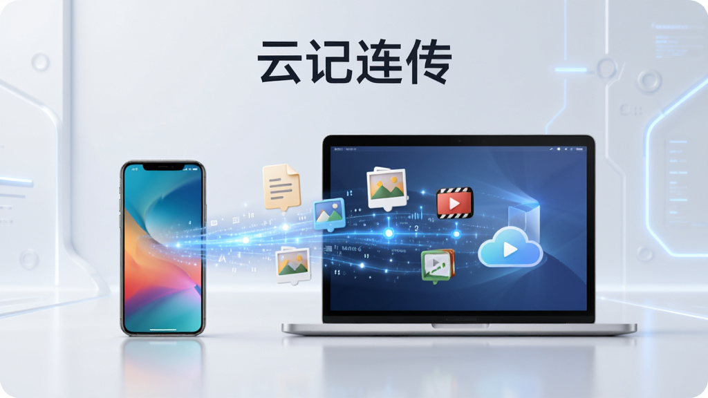 一张展示云记连传软件核心功能的宣传图,画面中央是一部智能手机和一台笔记本电脑,两者之间有一条发光的蓝色数据流连接,数据流中漂浮着文档、照片、视频等图标,背景是简洁的浅灰色科技感风格,画面干净整洁,无多余元素,画质清晰,图中标注文字“云记连传”。