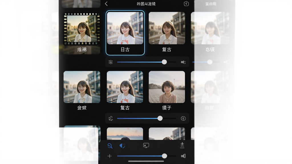 咔图AI滤镜选择界面截图,屏幕上排列着多种风格的滤镜缩略图,包括胶片、日系、复古等,每张缩略图下方有滤镜名称,界面采用深色背景搭配高亮选中框,风格为移动应用UI展示,细节包含滤镜预览图和调节滑块,画质高清,干净,无多余元素