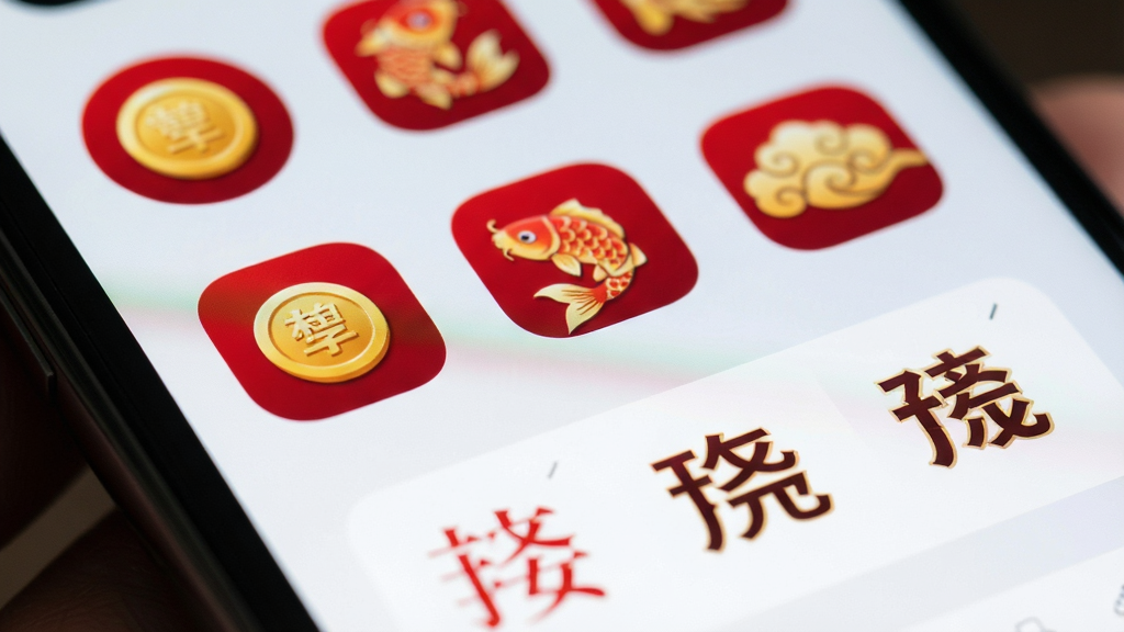 一张展示手机图标与字体自定义界面的特写图,画面聚焦于手机屏幕,屏幕上显示着排列整齐的圆形与方形图标,图标图案包含金币、锦鲤、祥云等元素,下方有字体预览框,展示着不同风格的吉祥文字。布局采用微距镜头效果,背景虚化,突出图标与字体的精致细节。风格为干净极简的产品展示风,色彩以红金为主,画质高清,无多余元素干扰。