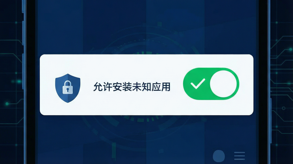 一张展示手机安全设置界面的示意图,画面中手机屏幕显示着“允许安装未知应用”的开关按钮,旁边有盾牌和锁的图标,背景是深色科技感网格。布局采用居中特写,按钮处于开启状态并带有绿色对勾标记。风格为扁平化科技风,色彩以深蓝和亮绿为主,画质清晰,无多余文字和装饰。