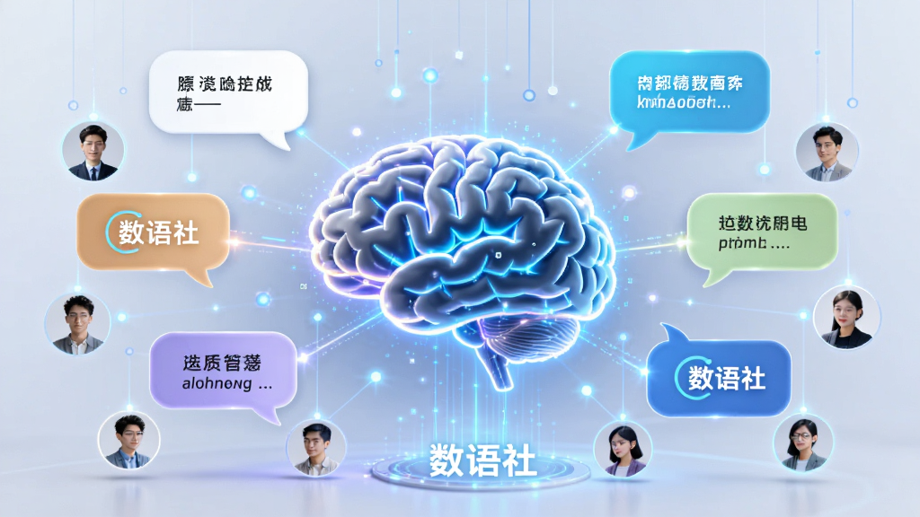 画面中央是一个发光的数字大脑,周围环绕着不同语言的对话气泡和用户头像,通过光线连接;布局采用居中对称;风格科技感十足;细节包括“数语社”文字标识;画质清晰,背景干净