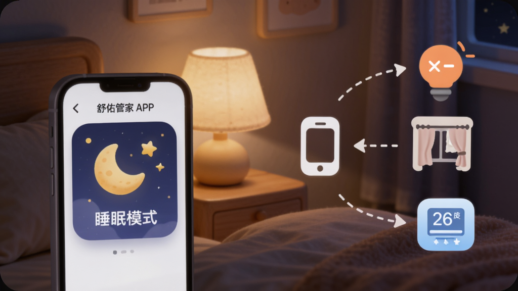 �������һ����ܰ������ҹ����������ͷ��ɢ������͵�ů�⡣�ֻ���Ļ��ʾ���ӹܼ�APP�ġ�˯��ģʽ��������Ƭ����Ƭ�������������ǵ�ͼ�ꡣ�����Ҳ������߼�ͷչʾ�����߼����ֻ�ͼ��ָ����ݹرա��������ϡ��յ�����26�ȡ�������Ϊ���Բ����ƣ�ɫ��ƫ������ܰ������ϸ�壬�޶������֡�
