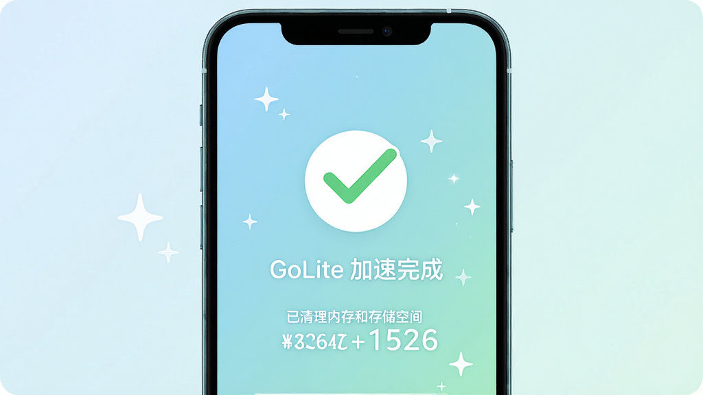 一部手机屏幕显示GoLite一键加速完成后的界面,中央有一个大大的对勾图标,下方显示已清理内存和存储空间的具体数值,背景是清爽的浅色渐变,周围有微小的星星闪烁效果,风格简约现代,画质干净,无多余元素,图中文字为