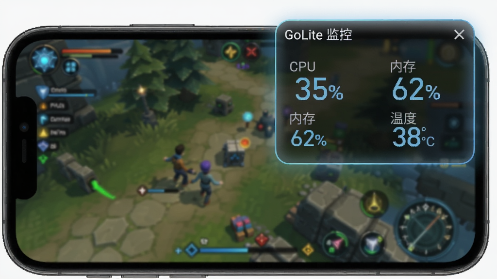 手机屏幕右上角悬浮着一个半透明的GoLite监控小窗口,窗口内显示CPU 35%、内存 62%、温度 38°C的数字,背景是正在运行的游戏画面,悬浮窗边缘有微光效果,风格科技感,画质清晰,无多余元素,图中文字为