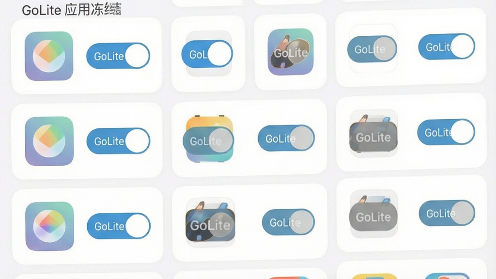 一张手机应用列表截图,每个应用图标旁边都有一个GoLite的冻结开关按钮,部分应用显示为灰色冻结状态,界面采用卡片式布局,背景为纯白色,图标色彩柔和,画质干净,无多余元素,图中文字为