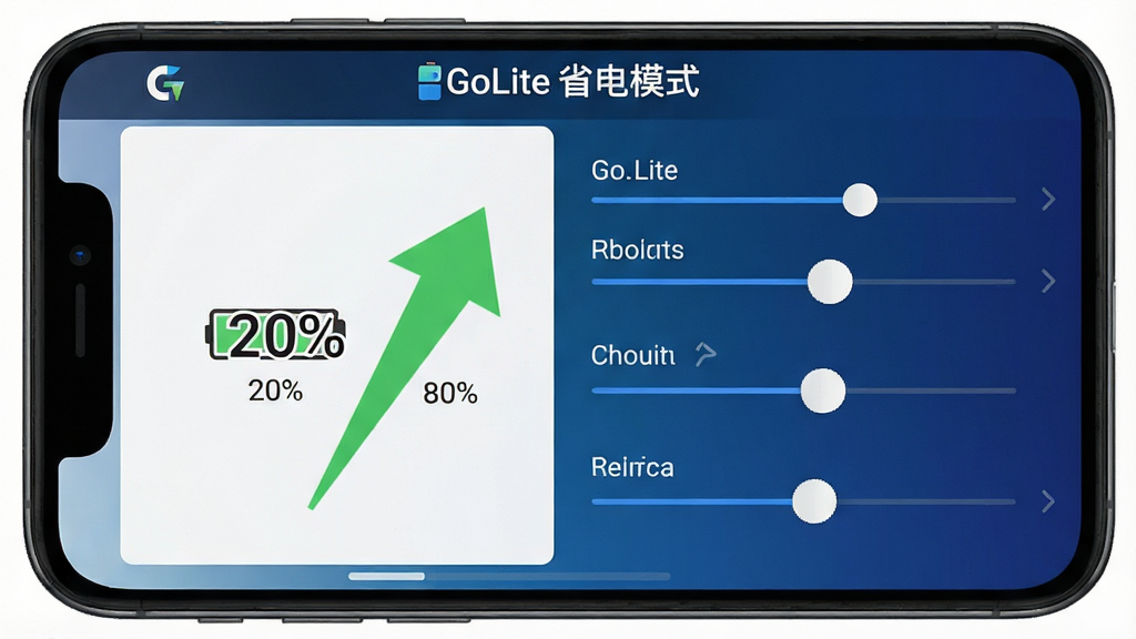 一张手机屏幕截图风格图片,画面中央是GoLite的省电模式设置界面,左侧显示电池百分比从20%上升到80%的绿色箭头,右侧有多个省电档位滑块,背景为深蓝色渐变,图标采用扁平化设计,画质清晰干净,无多余元素,图中文字为