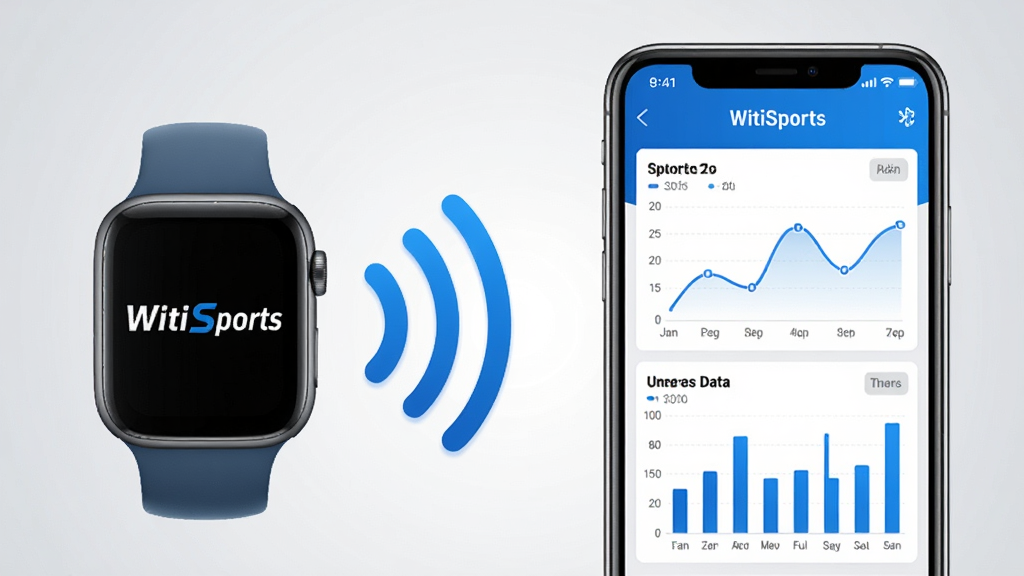 一幅WitiSports运动数据同步功能的示意图,画面左侧是一块智能手表,右侧是一部智能手机,两者之间用蓝色蓝牙信号波纹连接,手机屏幕上展示着WitiSports应用中的运动数据图表,包括折线图和柱状图,界面配色以蓝白为主,背景为浅灰色渐变,整体风格简洁科技感,画质清晰干净,无多余元素,图片中文字内容为“WitiSports”