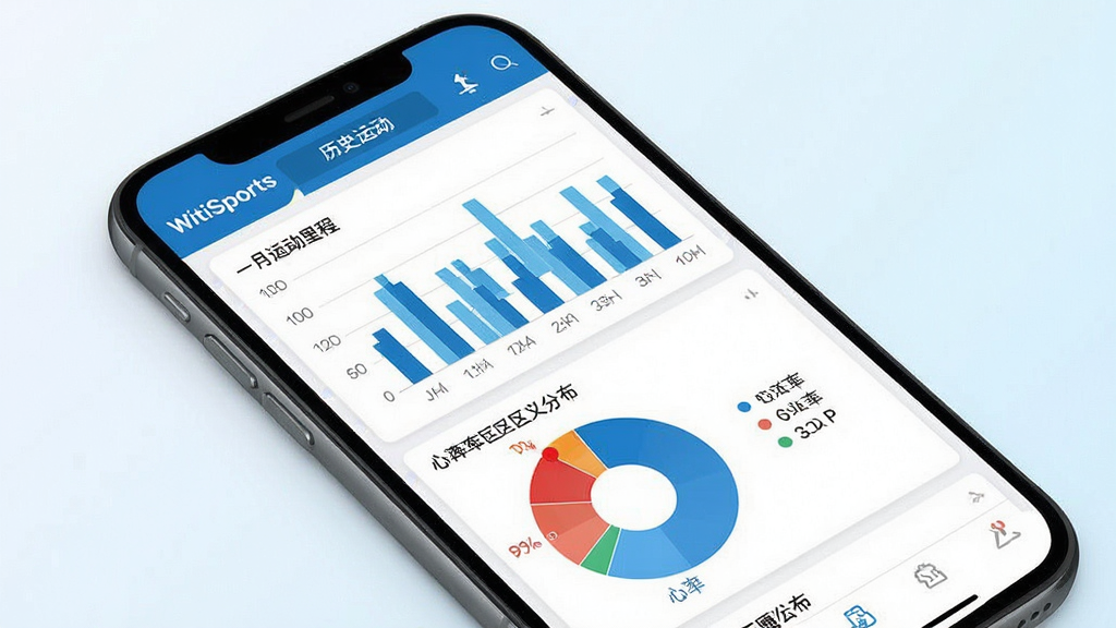 一幅WitiSports运动历史回顾功能的界面图,画面中手机屏幕上展示着WitiSports应用的历史运动列表和统计图表,包括月度运动里程柱状图、心率区间分布饼图等,界面设计简洁清晰,配色以蓝色和白色为主,背景为浅色渐变,整体风格专业数据感,画质清晰干净,无多余元素,图片中文字内容为“WitiSports”