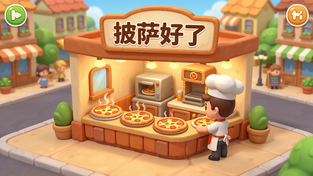 一款以披萨经营为主题的手机游戏画面,画面中央是一间明亮温馨的披萨店铺,店铺招牌上写着“披萨好了”,柜台上摆放着刚出炉的披萨,旁边有忙碌的小厨师角色,背景是繁华的小镇街道,整体采用卡通渲染风格,色彩温暖鲜艳,画面干净整洁,无多余元素,高清画质