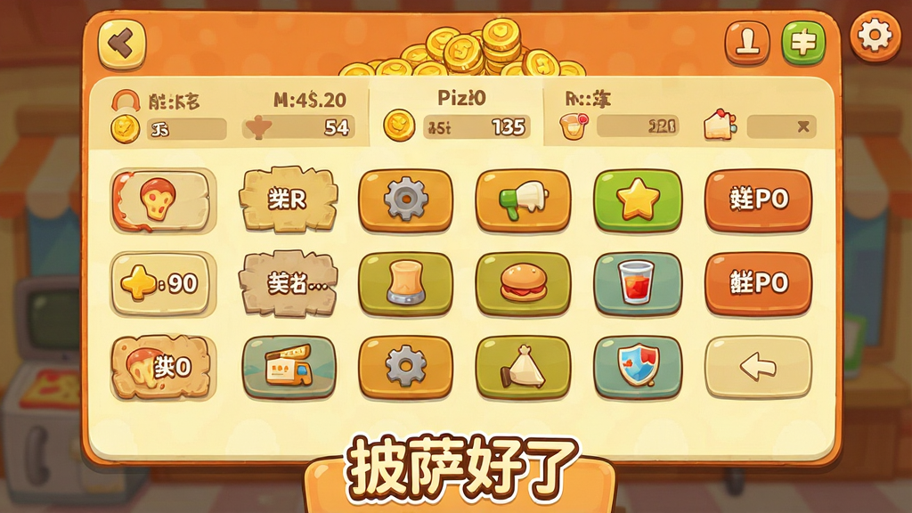 一个卡通风格的手机游戏界面截图,画面中显示一家披萨店的经营数据面板,金币不断累积,各种升级按钮整齐排列,界面底部有“披萨好了”游戏标志,整体布局清晰简洁,配色以暖橙色和浅黄色为主,风格轻松明快,高清画质,干净无多余元素