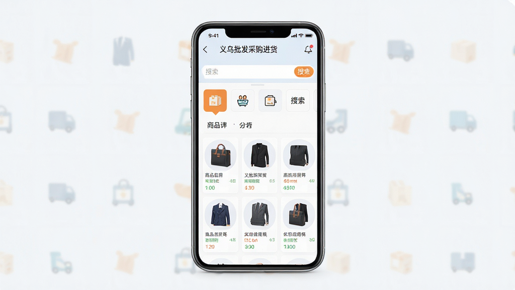 一张展示义乌批发采购进货软件主界面的手机预览图,画面主体是一部智能手机,屏幕内清晰显示义乌批发采购进货APP的首页,包含商品分类导航栏与搜索框,布局为竖版手机屏幕居中展示,排版整洁,风格为现代扁平化商务风,细节上手机边框圆润,屏幕背景为浅色,画质高清,干净,无多余元素