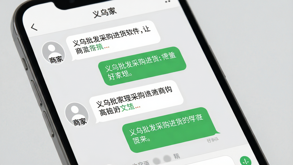 一张以义乌批发采购进货软件聊天界面为主题的AI生图,画面主体是手机屏幕显示与商家的对话窗口,布局为手机屏幕特写,排版为竖版界面,风格为简洁社交软件风,细节上对话气泡清晰、头像为默认商家图标,背景为浅灰色,画质高清,干净,无多余元素