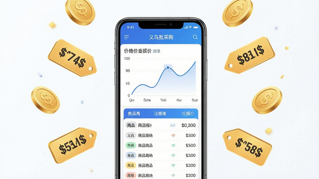 一张展示义乌批发采购进货软件价格对比功能的AI生图,画面主体是手机屏幕显示价格曲线图和商品报价列表,布局为手机居中、周围漂浮着金币和价格标签,排版简洁明了,风格为科技感数据可视化风,细节上屏幕内文字清晰可辨,背景干净,画质高清,无多余元素