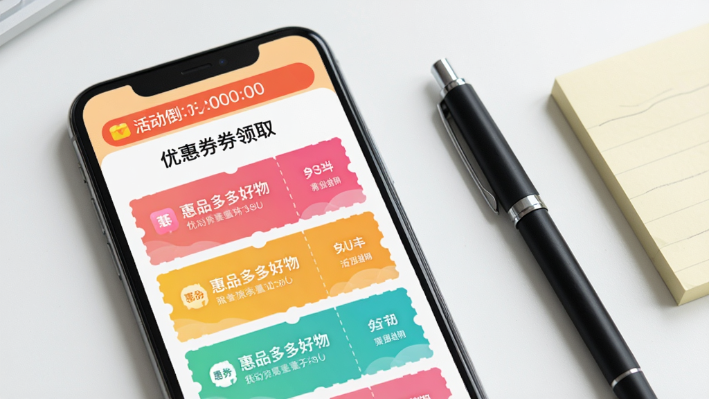 手机屏幕显示“惠品多多好物”优惠券领取界面,画面中有多张彩色优惠券卡片纵向排列,顶部有活动倒计时条,背景干净浅色,手机旁放着一支笔和便签纸,风格清爽,画质细腻,无多余元素