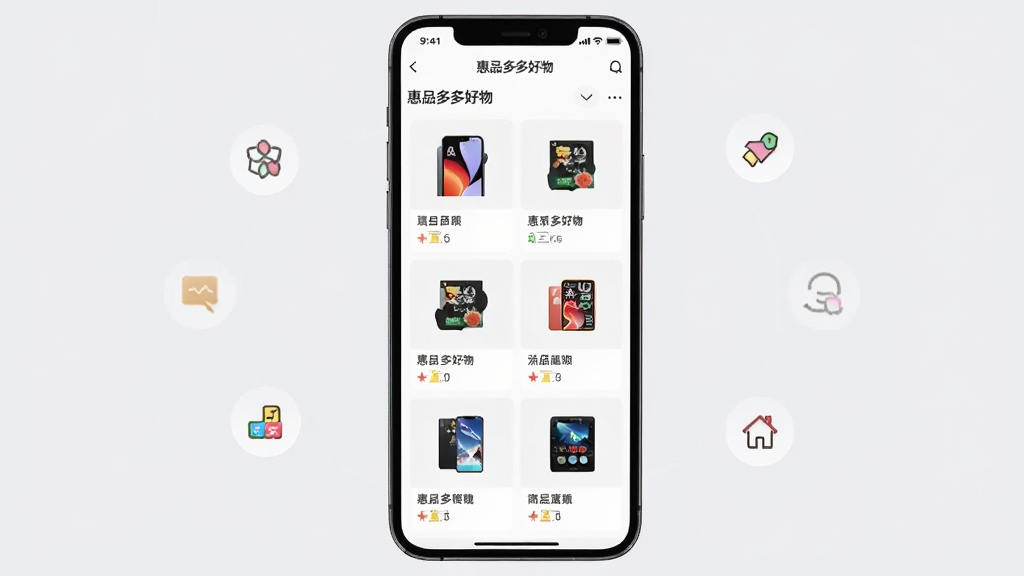 一部手机正面展示“惠品多多好物”商品聚合页面,屏幕内是整齐的商品网格布局,每个卡片带有图片和简短标题,背景为柔和浅灰,旁边点缀几个小图标表示分类,整体构图居中,风格简洁明快,画质清晰,干净无多余元素